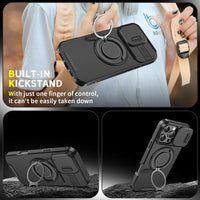 FUNDA PROTECTORA ANTIGOLPES CON TAPA DESLIZANTE PARA CÁMARA Y SOPORTE GIRATORIO PARA IPHONE 13 AL 17